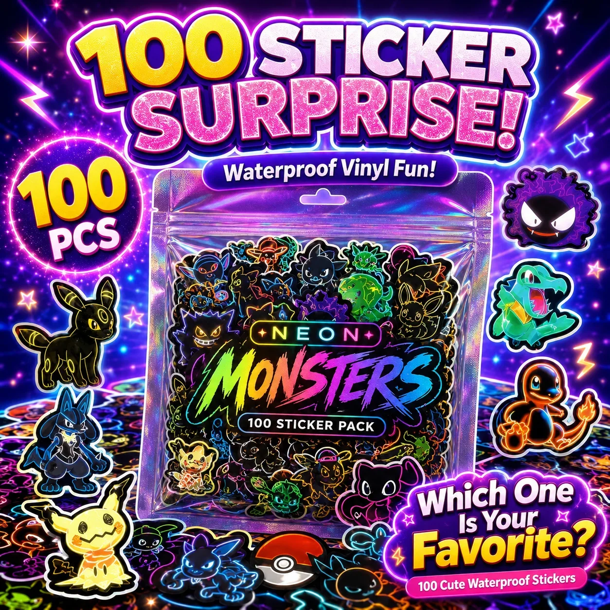 100pcs Neon  Pokémon  Stickers - Luggage ulasan dan harga